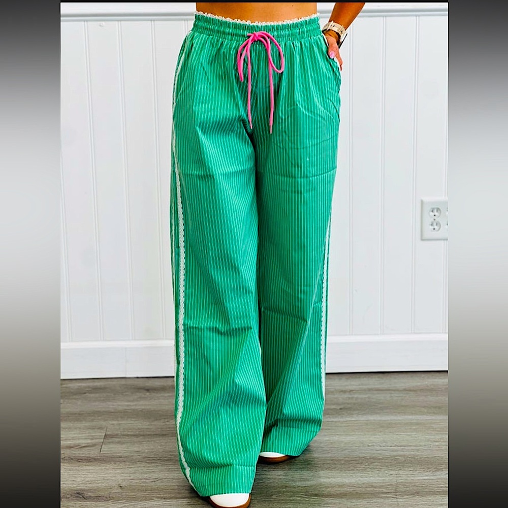 🆕🌿🩷PRETTY GARBAGE: GREEN Striped Lace Trim Boxer Pants MEDIUM